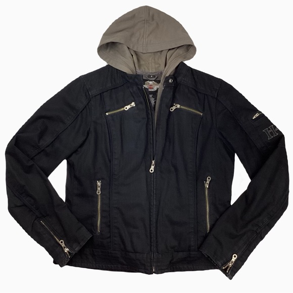 Harley Davidson Embroidered Denim Twill with Removable Hoodie Black. Sz M - Picture 2 of 9